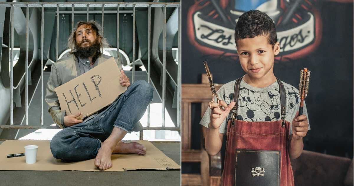 (L) Homeless man seeking help on streets. (Representative Cover Image Source: Pexels| Mart Production), (R) Little boy depicting barber, holding brush and scissors. (Representative Cover Image Source: Pexels| Thgusstavo Santana)