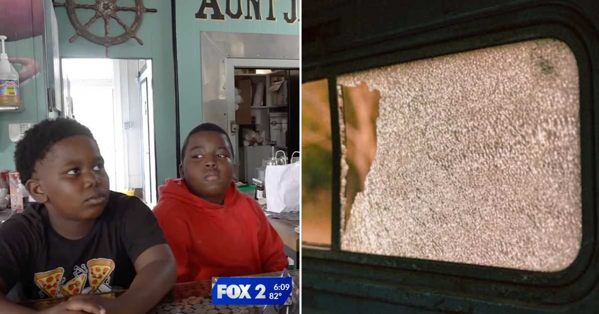 (L) The boys at the ice cream shop. (R) A shattered window. Representative Cover Image Source: YouTube | Fox 2 Now; Pexels | Prateek Katyal
