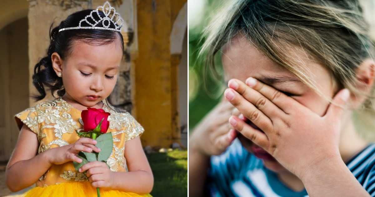 (L) Little girl in a princess dress. (R) Little girl crying while hiding her face in her hands. Representative Cover Image Source: Pexels | Gaspar May; Getty Images | Glasshouse Images