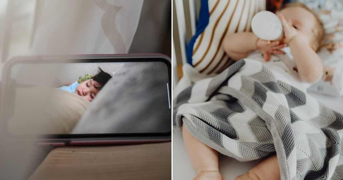 (L) A baby monitor on a table. (R) Baby sleeping in a crib. Representative Cover Image Source: Pexels | Clark Cruz; Karola G