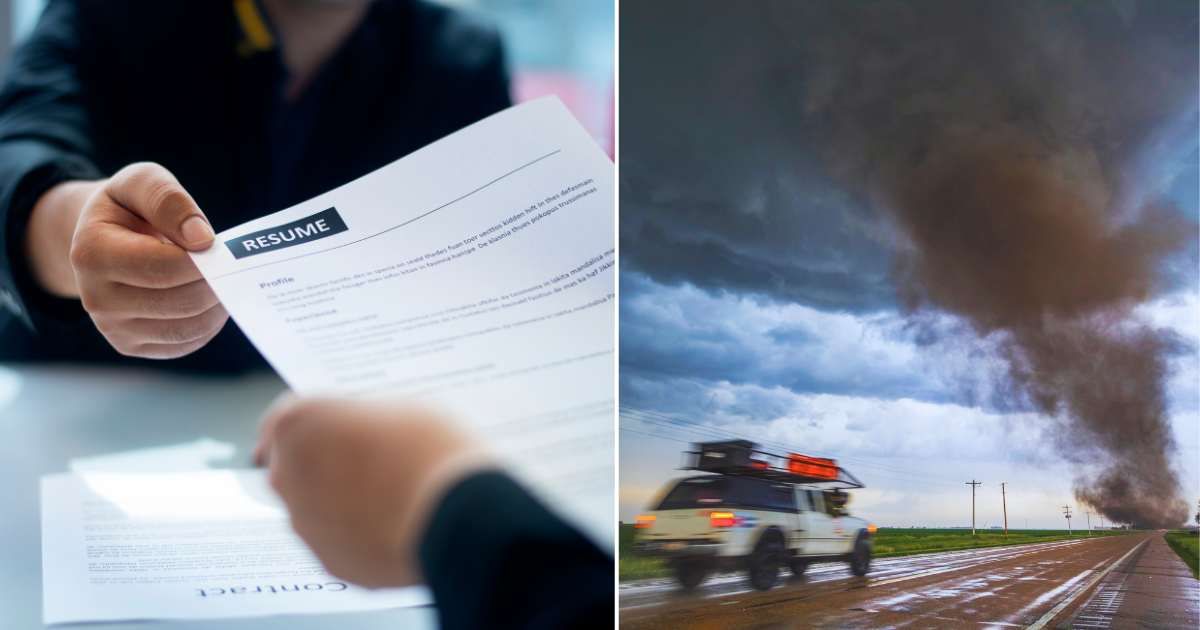 (L) A man handing out his resume to a recruiter in his office. (R) A van heading towards a tornado. Representative Cover Image Source: Getty Images | Left image by Narisara Nami and right image by Mike Hollingshead)