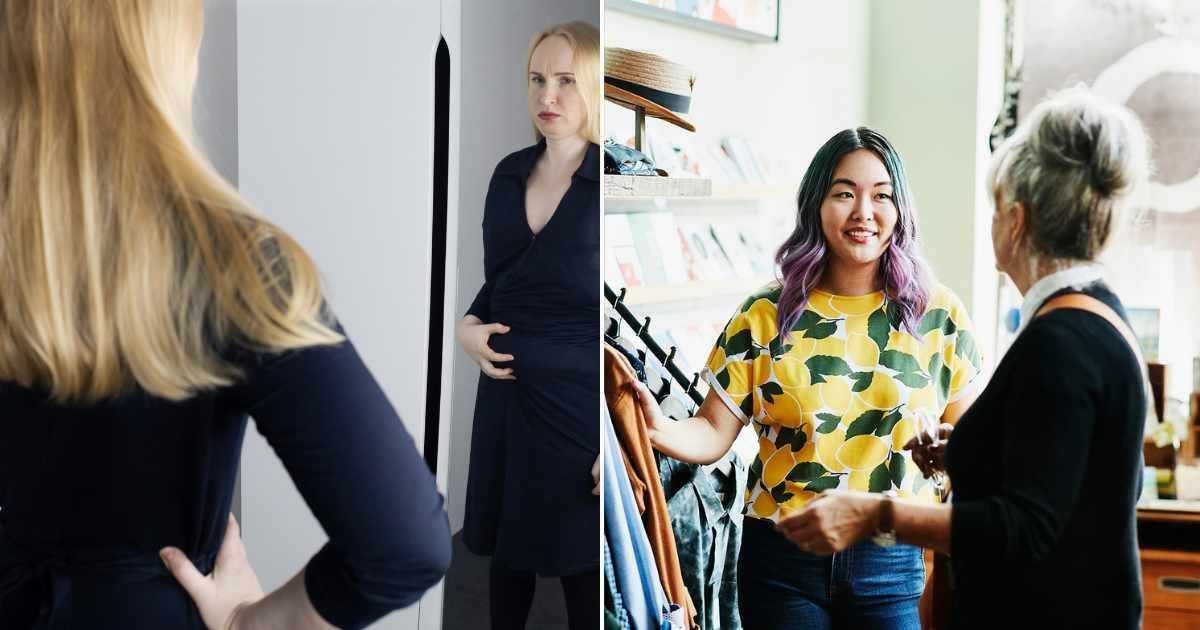 (L) Woman disliking her reflection in the mirror. (R) Old woman talking to a young woman at a store. Representative Cover Image Source: Getty Images | Alona siniehina; Thomas Barwick