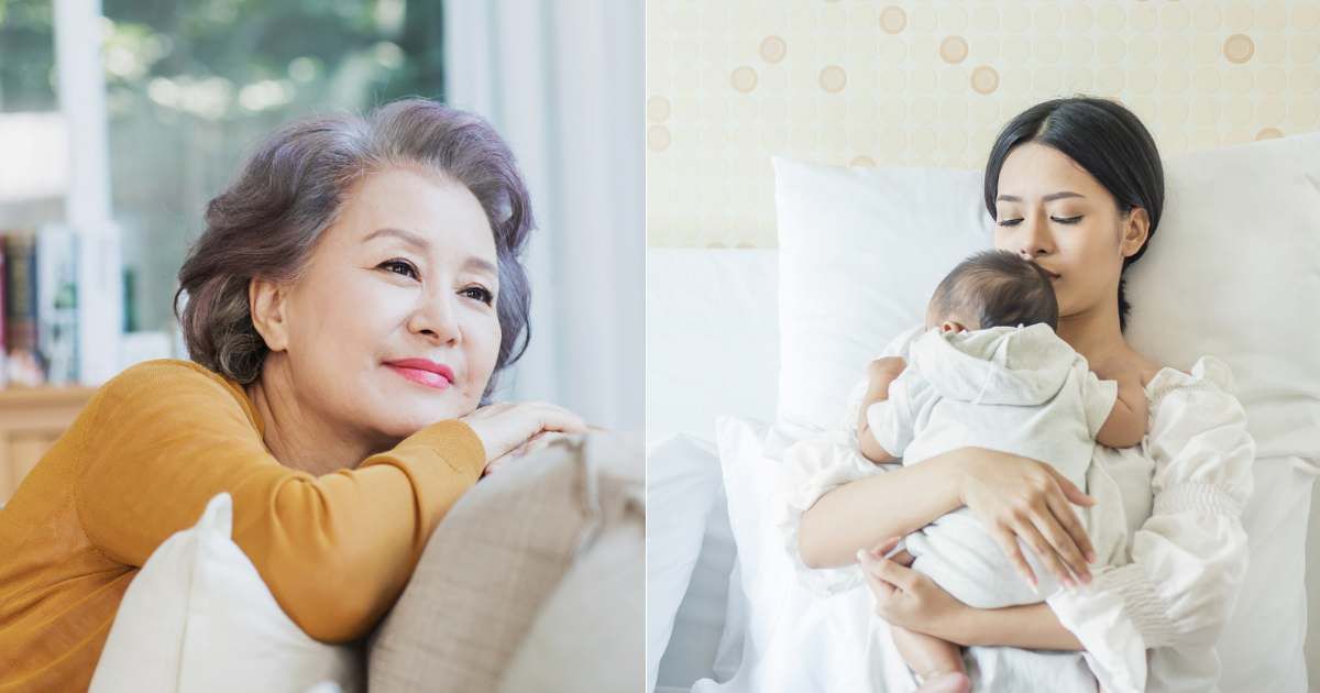 (L) Elderly woman smiling softly as she gazes at something. (Representative Cover Image Source: Getty Images| Imazin), (R) New mom holding newborn in hospital room. (Representative Cover Image Source: Getty Images| paulaphotos)