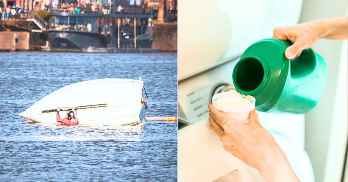 (L) Man struggling with capsized boat. (Representative Cover Image Source: Pexels| Photo by Boys in Bristol Photography abroad - Lebele Mass), (R) Pouring detergent in cap. (Representative Cover Image Source: Pexels| RDNE Stock Project)
