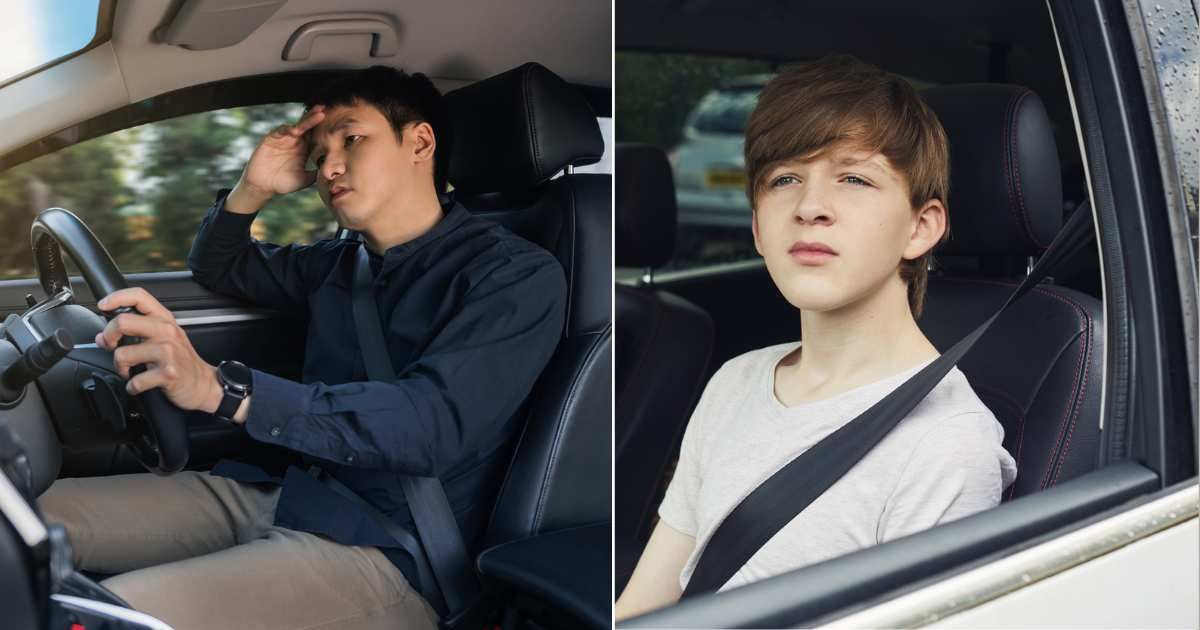 (L) Man uncomfortably holding head while driving. (Representative Cover Image Source: Getty Images| Gear Godz), (R) Worried teenager looking outside while sitting in car passenger seat. (Representative Cover Image Source: Pexels| Sally Anscombe)