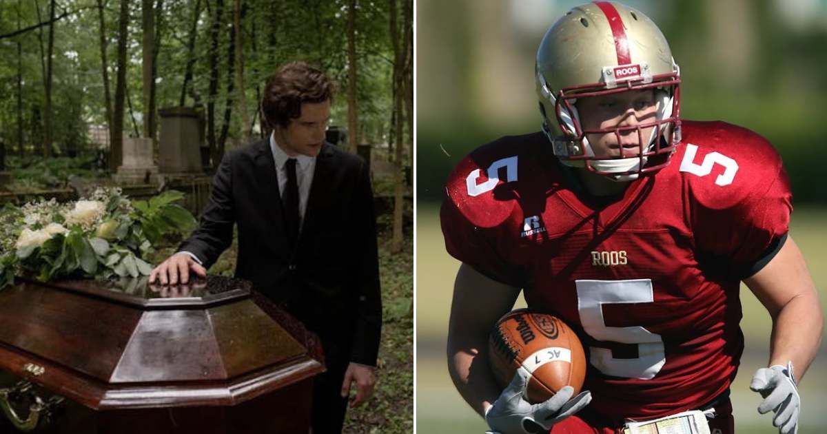 (L) A man standing near a casket. (R) A quarterback on the field. Representative Cover Image Source: Pexels | cottonbro studio; Pixabay