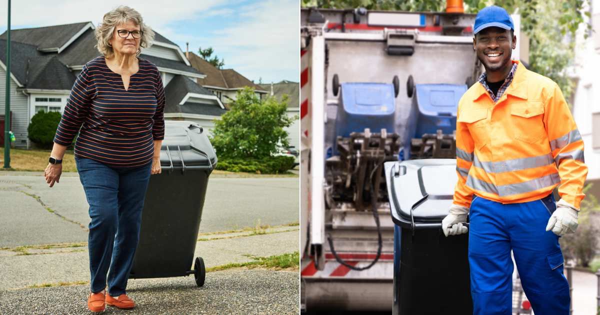 (L) Elderly woman struggling to pull garbage bin on driveway. (Representative Cover Image Source: Getty Images| Photo by AJ_Watt), (R) Sanitation worker collecting garbage. (Representative Cover Image Source: Getty Images| Photo by Andrey Popov)