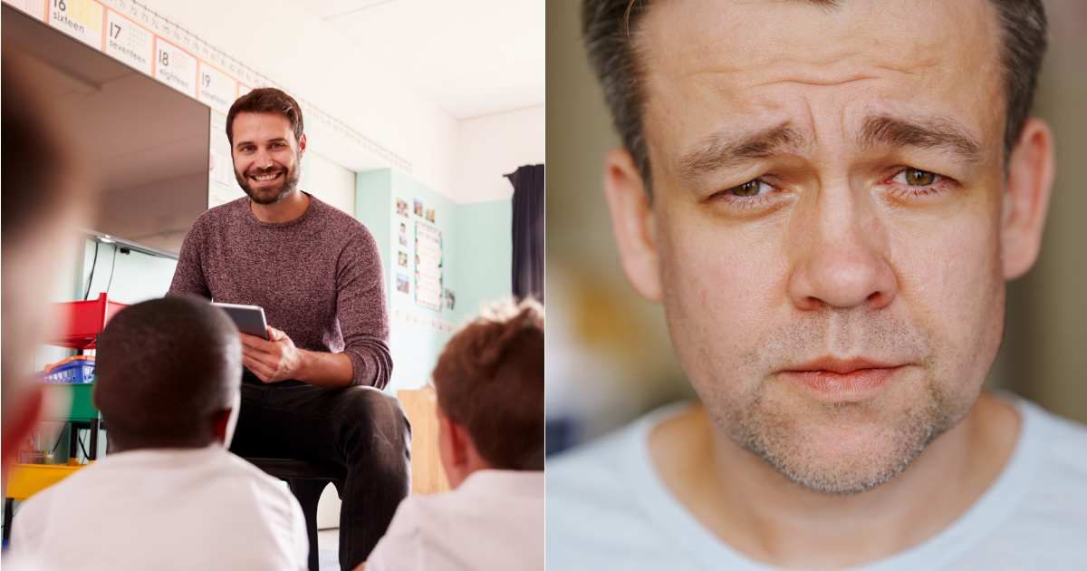 (L) Teacher engrossed in discussion with students. (Representative Cover Image Source: Getty Images| monkeybusinessimages), (R) Man getting emotional and in tears. (Representative Cover Image Source: Getty Images|Maria Saifutdinova)
