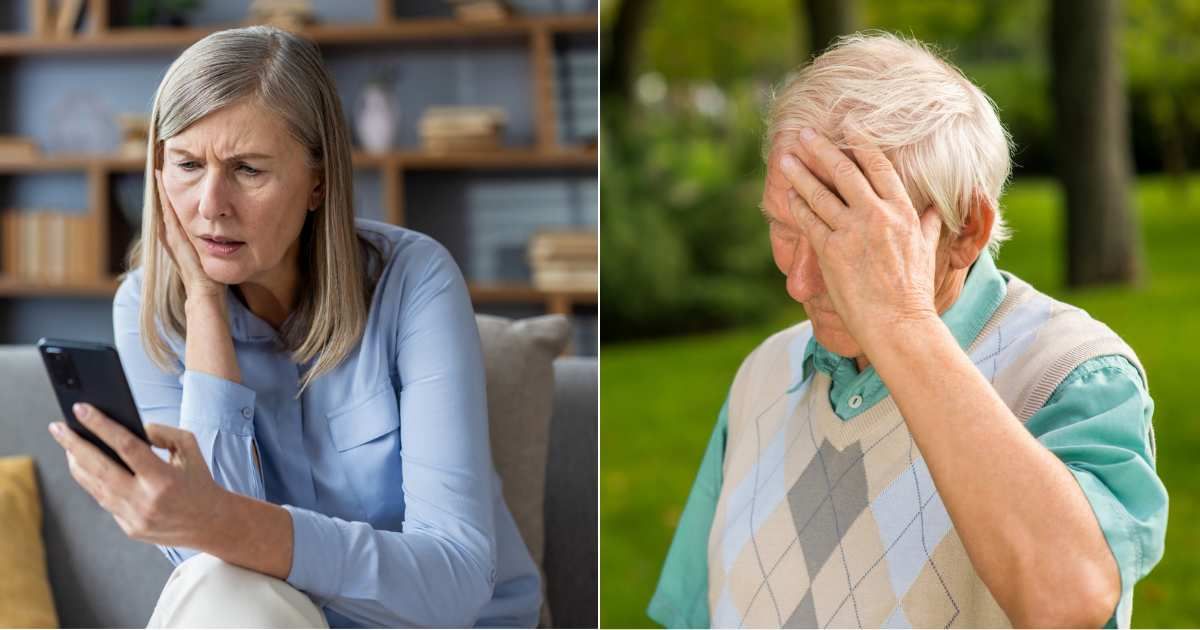 (L) Elderly woman looking at phone at getting worried. (Representative Cover Image Source: Getty Images| Liubomyr Vorona), (R) Elderly man holding head in discomfort while outdoors alone. (Representative Cover Image Source: Getty Images| Denis film)
