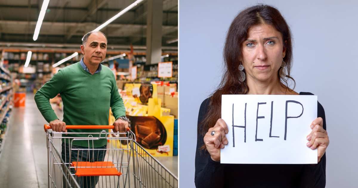 (L) Man spotting something while shopping in store. (Representative Cover Image Source: Getty Images| Photo by domoyega), (R) Worried woman holding sign for help. (Representative Cover Image Source: Getty Images| Photo by mheim3100)