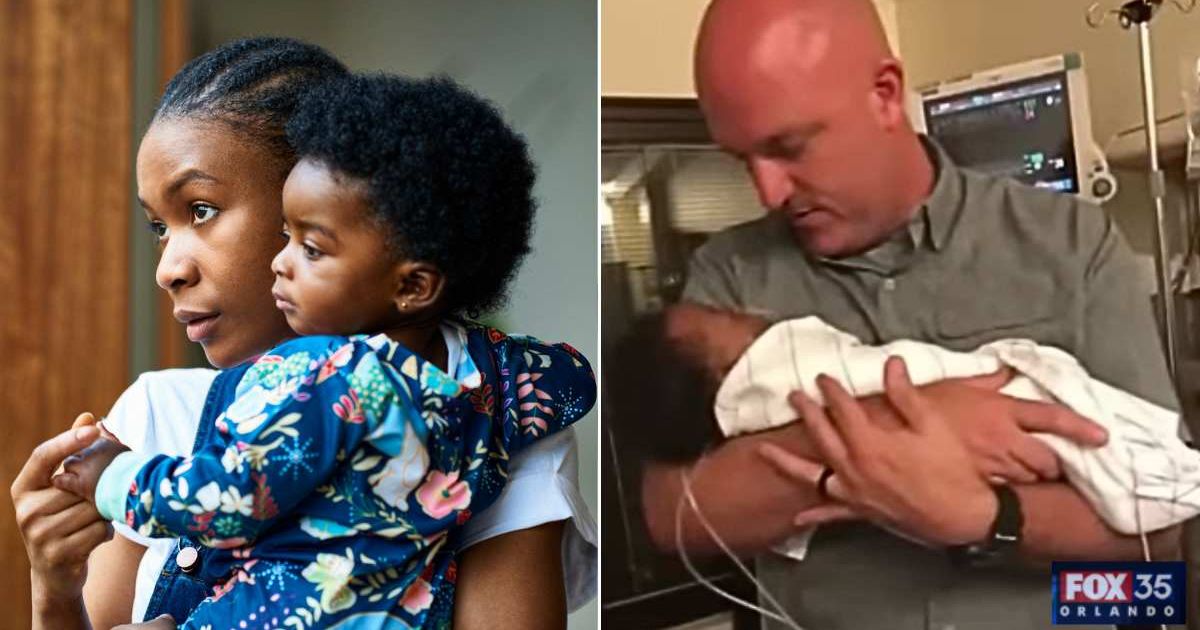 (L) A mom holding her baby. (R) The cop holding the baby at the hospital. Representative Cover Image Source: Getty Images | 10'000 Hours; YouTube | Fox 35 Orlando