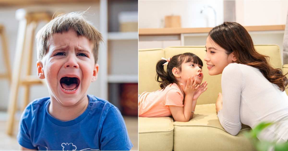 (L) Little boy crying frantically and throwing tantrums; (R) Mom having interesting conversation with little girl. (Representative Cover Image Source: Getty Images | Photo by (L) Milan Jovic; (R) Tran Van Quet)