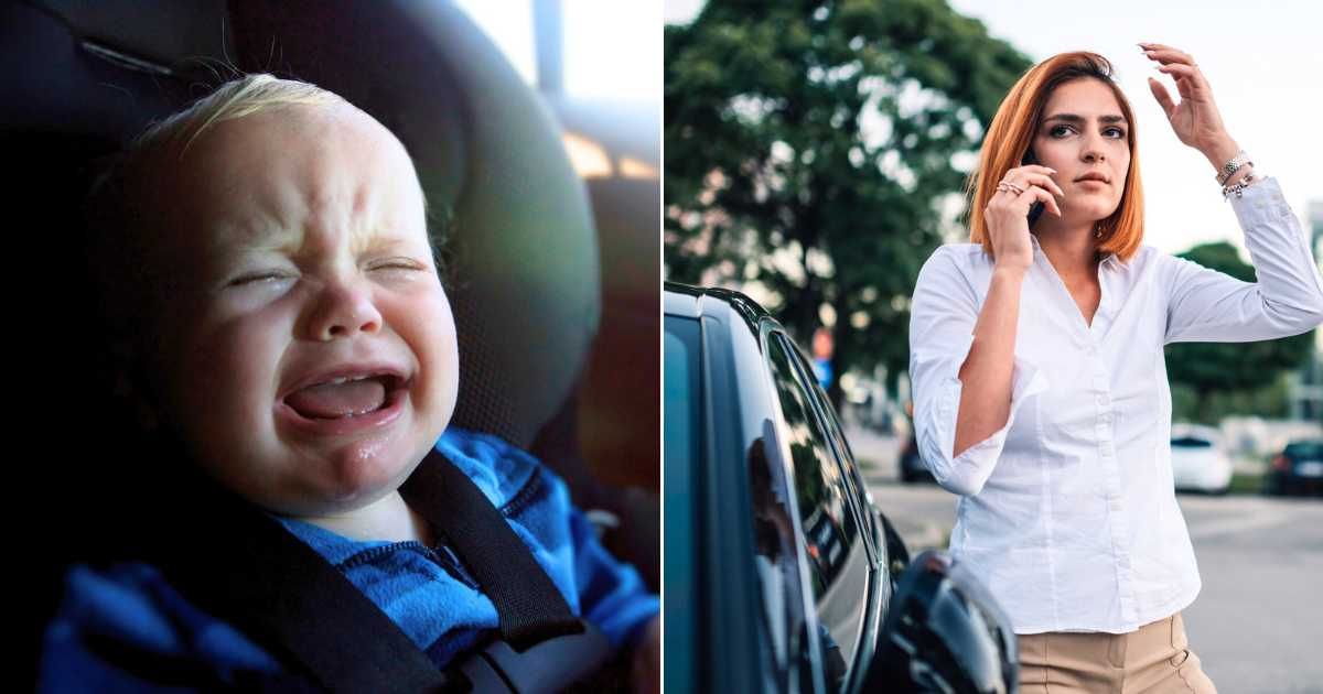 (L) Toddler crying frantically inside car; (R) Worried woman standing beside car in parking lot and making phone call. (Representative Cover Image Source: Getty Images | Photo by (L) LPETTET; (R) zamrznutitonovi)