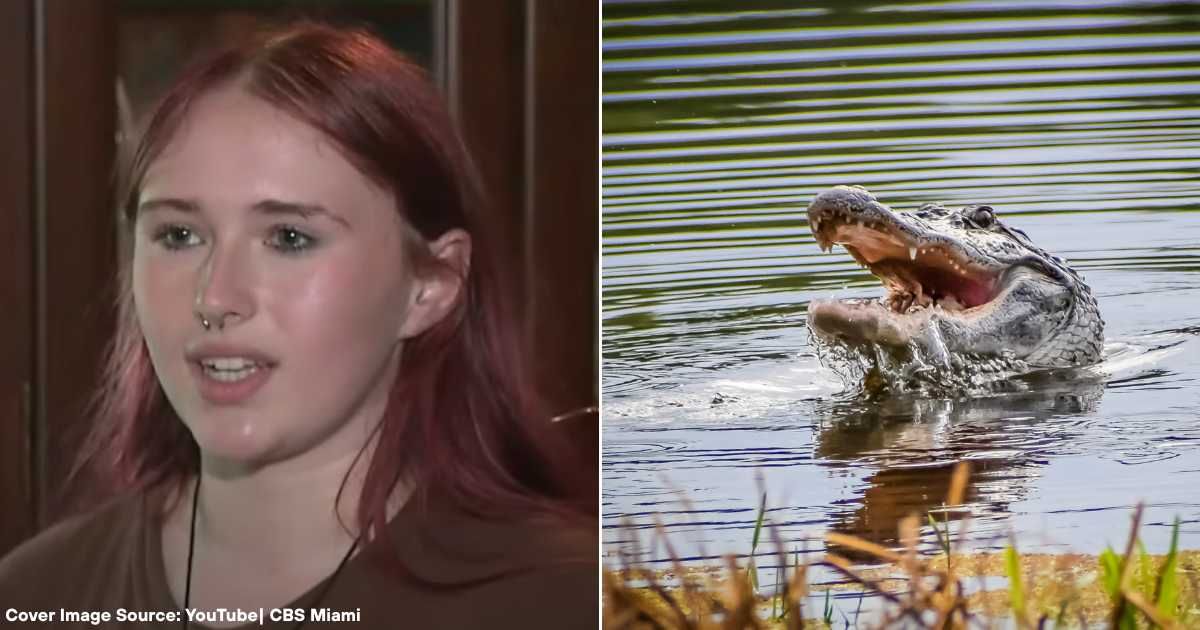 (L) 15-year-old Summer Hinote speaks in interview after surviving alligator attack. (Cover Image Source: YouTube| CBS Miami), (R) Ferocious alligator snapping its jaws in lake. (Representative Cover Image Source: Getty Images| Jamie Tuchman)