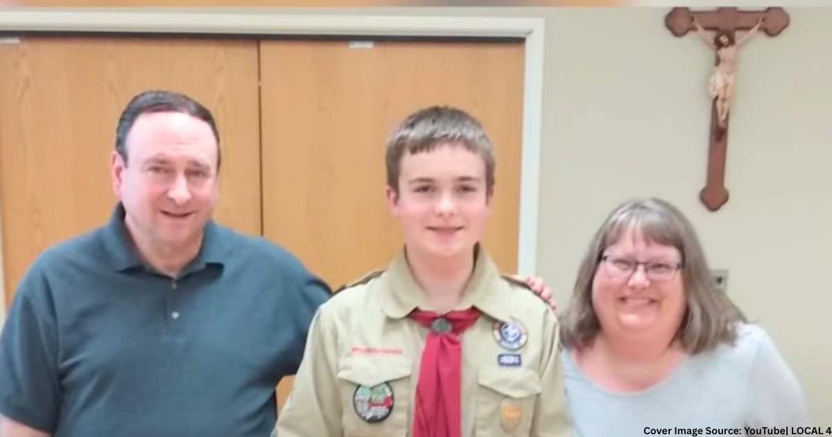 13-year-old scout, Drew Yakubesan (center) with dad (L) and mom (R) after saving her life. (Cover Image Source: YouTube| LOCAL 4)