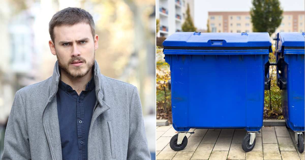 (L) Worried and curious man looking intently while walking on street. (Representative Cover Image Source: Getty Images| Antonio Guillem), (R) Dumpster on sidealk. (Representative Cover Image Source: Getty Images| fhm)