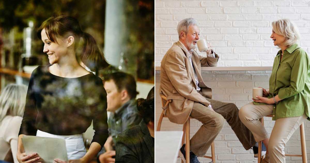 (L) A waitress taking the order with a smile on her face. (R) An old couple eating at a restaurant. Representative Cover Image Source: Getty Images | Thomas Barwick; Eleganza