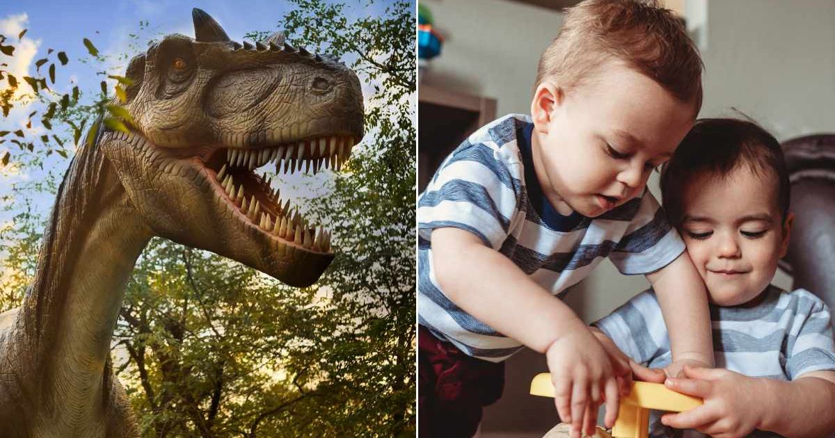 (L) A T-rex dinosaur in an outdoor setting. (R) Twin boys playing with each other. Representative Cover Image Source: Getty Images | Somethingway; Jill Lehmann Photography