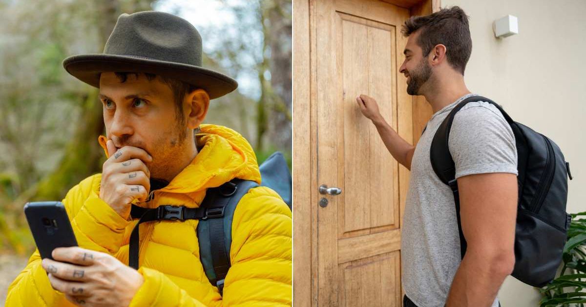 (L) A hiker looking lost in an outdoor setting. (R) A man knocking on a door. Representative Cover Image Source: Getty Images | Alberto Menendez Cervero; Andresr