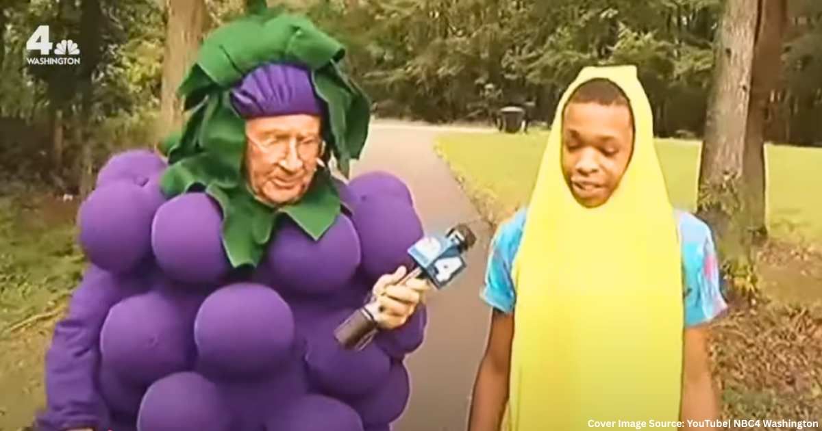 (L-R) Washington D.C. reporter Pat Collins wears a grape costume and interviews then 14-year-old Bryan Thompson who is in a banana costume. (Cover Image Source: YouTube| NBC4 Washington)
