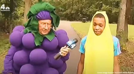 Autistic boy was suspended for wearing a banana costume, so a reporter came to interview him in a grape costume