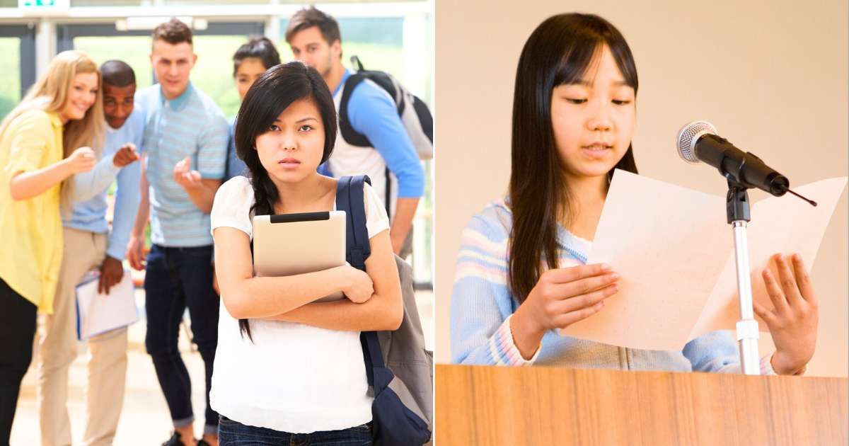 (L) Teenage girl being bullied by students. (Representative Cover Image Source: Getty Images|omgimages), (R) Teenage girl confidently speaking on mic. (Representative Cover Image Source: Getty Images|DAJ)