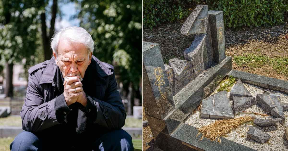 (L) Mourning man overwhlemed by grief while sitting at cemetery. (Representative Cover Image Source: Pexels| Ivan Samkov), (R) Grave vandalised and gravestone broken in several pieces. (Representative Cover Image Source: Getty Images| Barry Kearney)