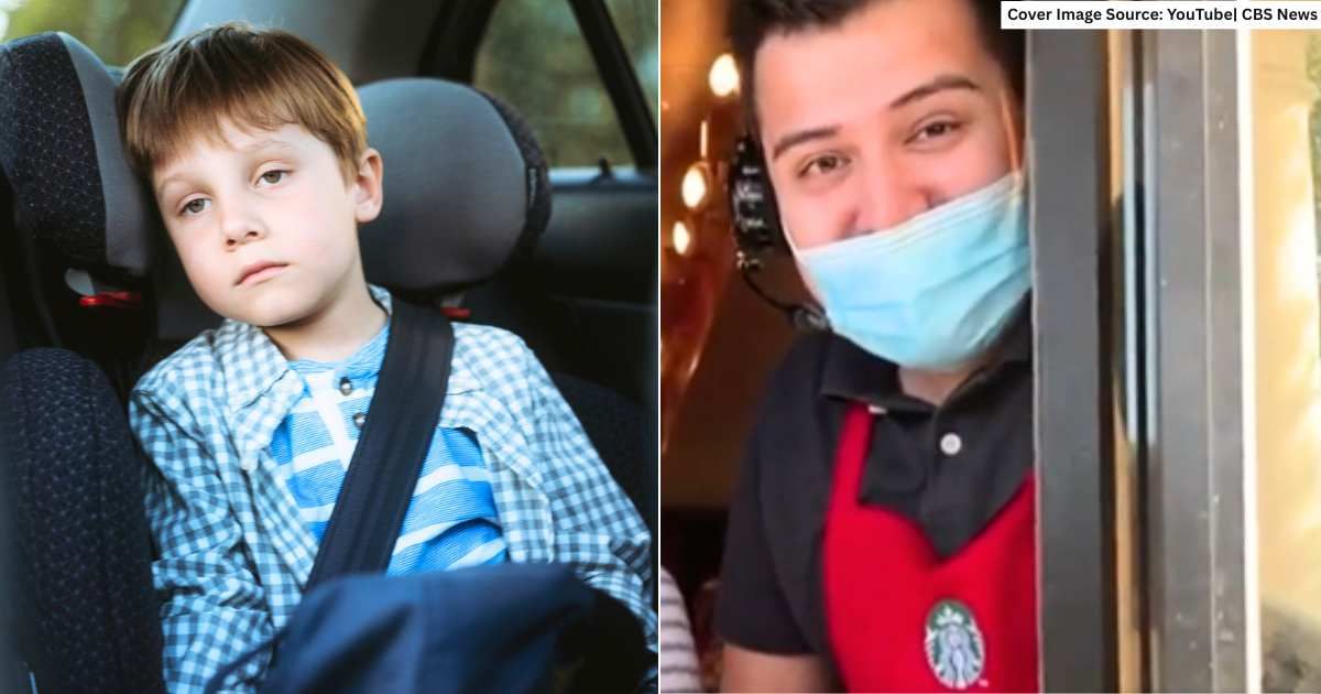 (L) Little boy feeling uneasy and upset while sitting in car. (Representative Cover Image Source: Getty Images| Yulia Raneva), (R) Starbucks barista Eddie Aldrete greets Cole Harr ahead of chemotherapy. (Cover Image Source: YouTube| CBS News)