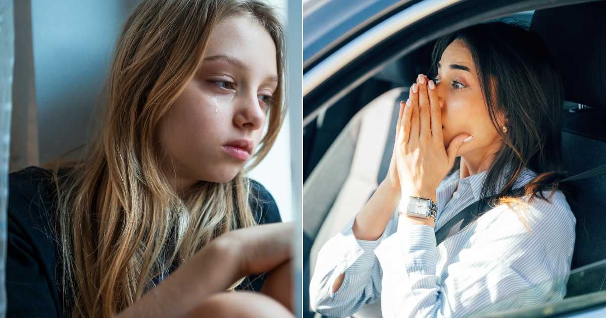 (L) Scared and confused girl crying bitterly. (Representative Cover Image Source: Getty Images| D-Keine), (R) Woman covers mouth in shock while driving after seeing something worrisome. (Representative Cover Image Source: Getty Images| Drazen_)