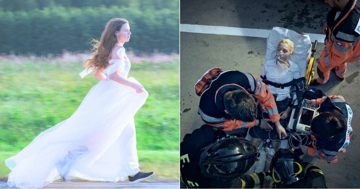 (L) Bride rushing on street in wedding dress (Representative Cover Image Source: Getty Images| 5./15 WEST), (R) Woman on stretcher being transported to hospital after accident (Representative Cover Image Source: Getty Images| simonkr)