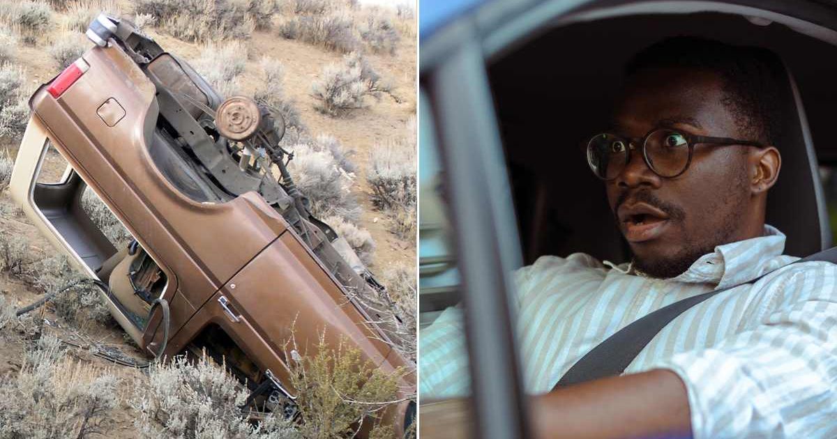 (L) A car rolled over its roof. (R) A man looking ahead with a panicked expression. Representative Cover Image Source: Getty Images | hairballusa; Maca and Naca