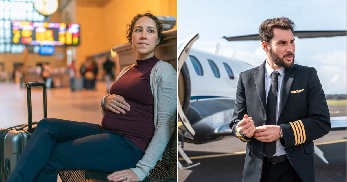 (L) Pregnant woman waiting at airport with luggage. (Representative Cover Image Source: Getty Images| Fly View Productions), (R) Pilot in uniform ready to get into plane for flight. (Representative Cover Image Source: Getty Images| Azman L)