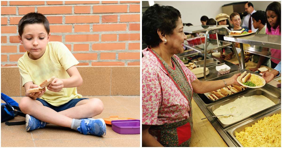 (L) Child looking at his meager sandwich during recess; (R) School cafeteria lady serving wholesome meals. (Representative Cover Image Source: Getty Images | Photo by (L) Silvia Moraleja; (R) Yellow Dog Productions)