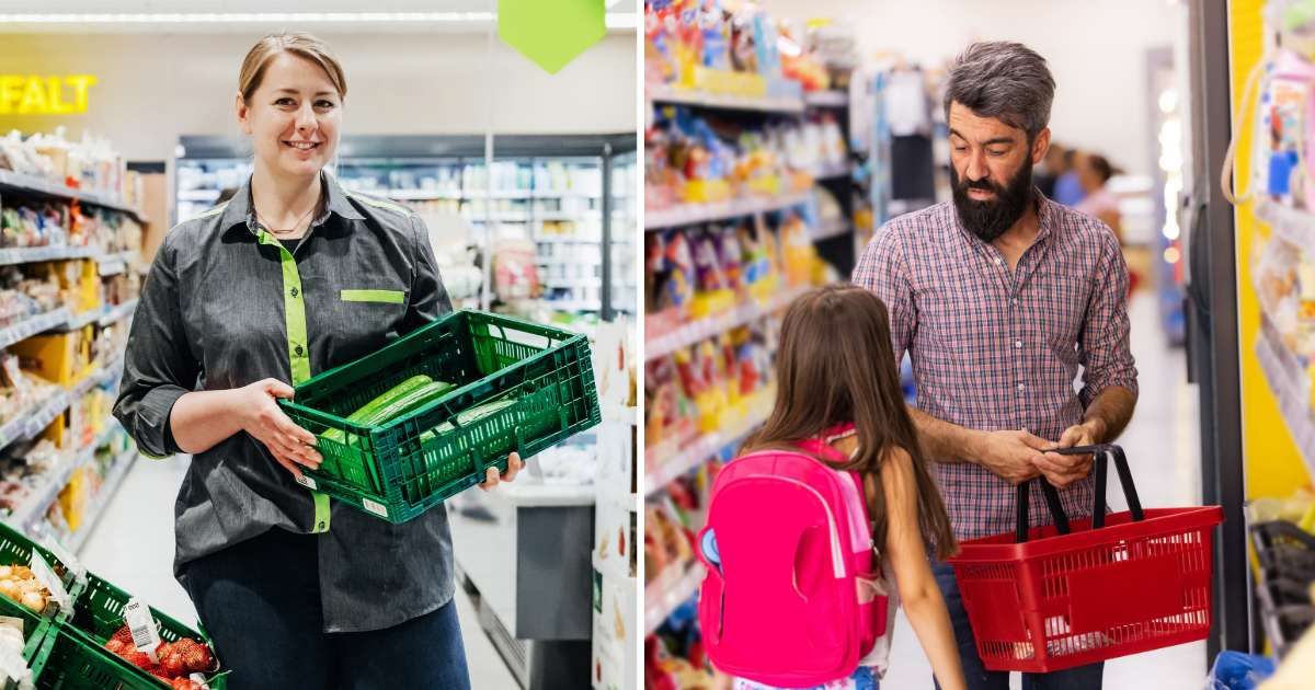 (L) A female store staff; (R) A man standing next to a young girl in a store. (Representative Image Source: Getty Images | Photo by (L) Tom Werner, (R) Dusan Stankovic)