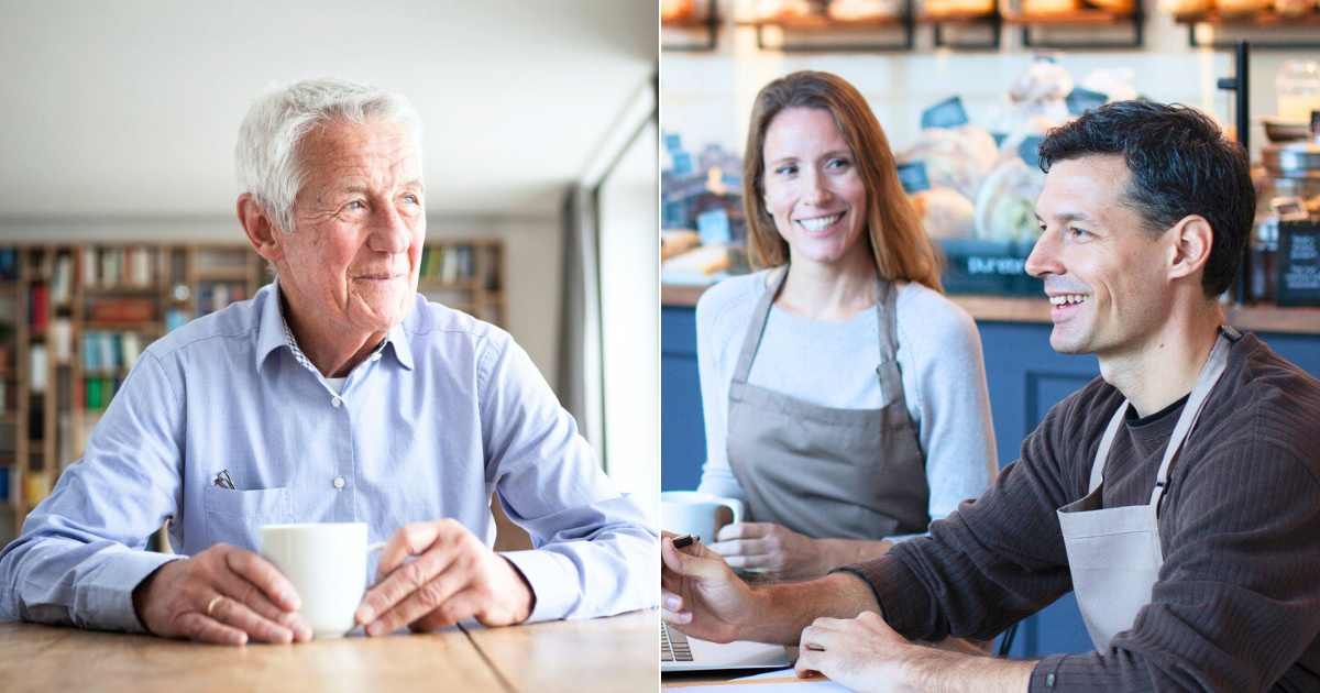 (L) Elderly man having coffee with cheerful smile; (R) Employees at cafe smile as they have conversation with customer. (Representative Cover Image Source: Getty Images | Photo by (L) Westend61; (R) FangXiaNuo)