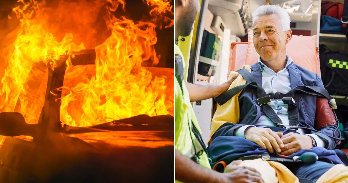 (L) A burning car on a highway. (Representative Cover Image Source: Getty Images| simonkr), (R) Elderly man rescued and being attended to by first responders. (Representative Cover Image Source: Getty Images| Maskot)