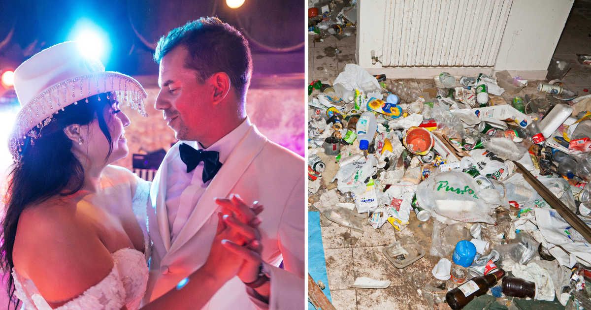 (L) A couple dancing on their wedding day. (R) A trashed room. (Representative Cover Image Source: Getty Images | Photo by (L) Artur Debat, (R) giacomofortunatophoto)