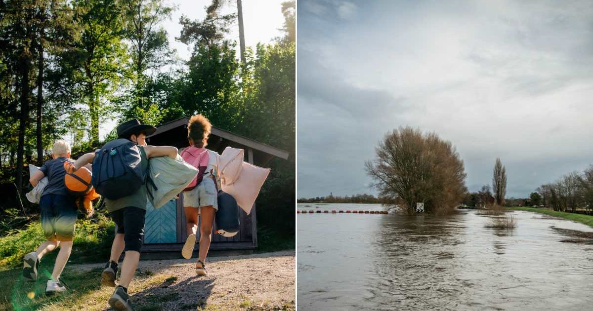 (L) Kids walking up to a campsite. (R) A large area flooded because of a river. Representative Cover Image Source: Getty Images | Maskot; Chris McLoughlin