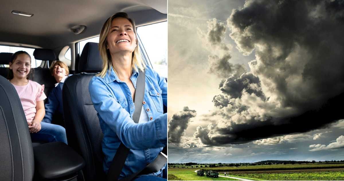 (L) Mom driving with kids in car backseat. (Representative Cover Image Source: Getty Images| andresr), (R) Dark huge clouds cover sky, indicating thunderstorm. (Representative Cover Image Source: Pexels| Photo by Moritz Böing)