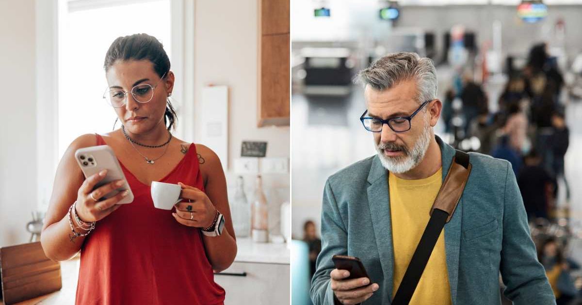(L) A woman reading a message on her phone. (R) A man trying to contact someone from the airport. Representative Cover Image Source: Getty Images | Franck Reporter; Morsa Images