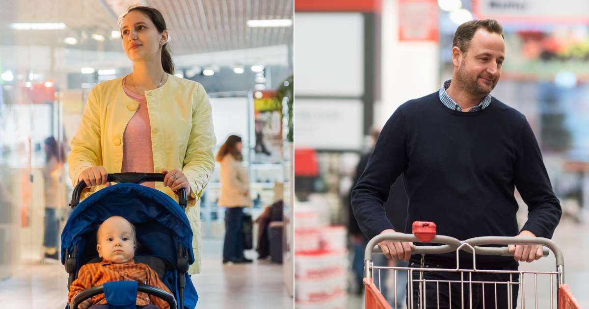 (L) Mom walking through supermarket with baby in stroller. (Representative Cover Image Source: Getty Images| combo1982), (R) Shopper holding cart at supermarket and browsing items. (Representative Cover Image Source: Getty Images|Maskot)