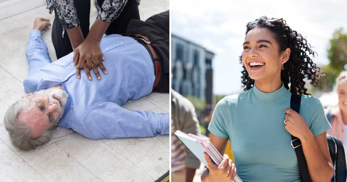 (L) An old man lying on the floor and getting a CPR treatment. (R) A young woman going to University. (Representative Image Source: Getty Images | Photo by (L) charnsitr, (R) Jacob Wackerhausen)