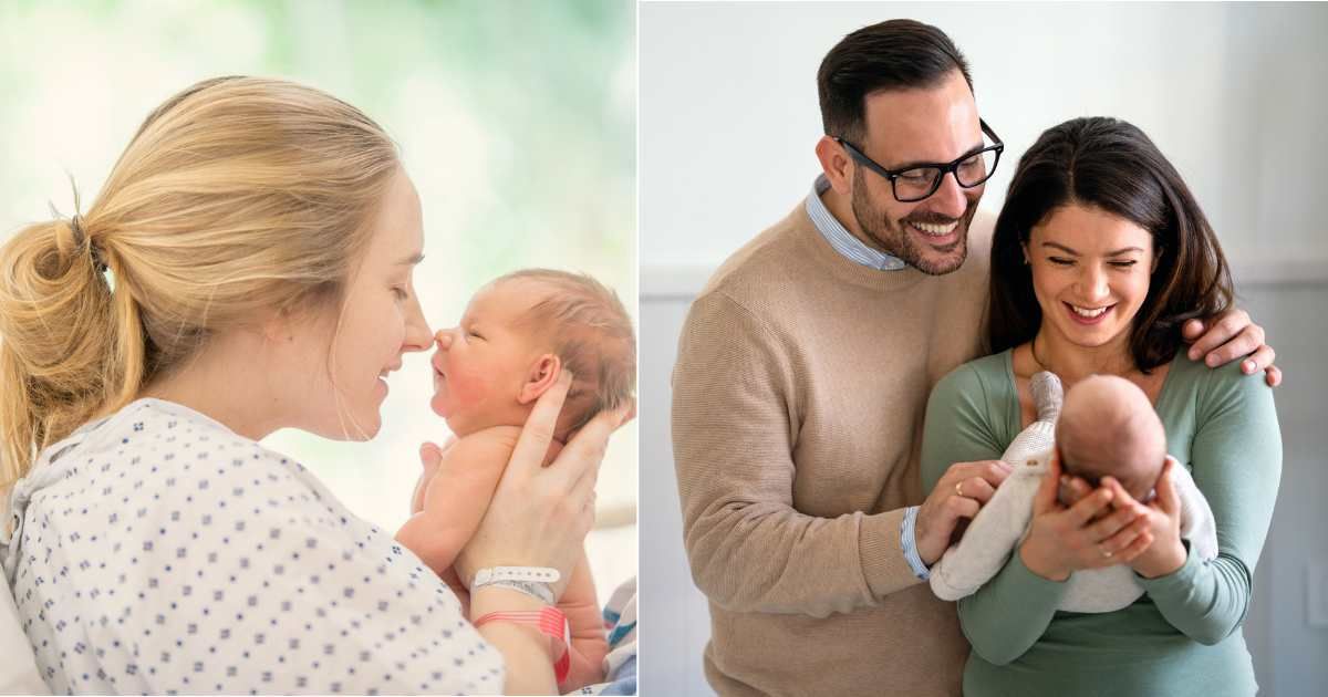 (L) Mom holding newborn in hospital bed after giving birth. (Representative Cover Image Source: Getty Images| Fat Camera), (R) Adoptive parents hold and accept infant. (Representative Cover Image Source: Getty Images| nd3000)
