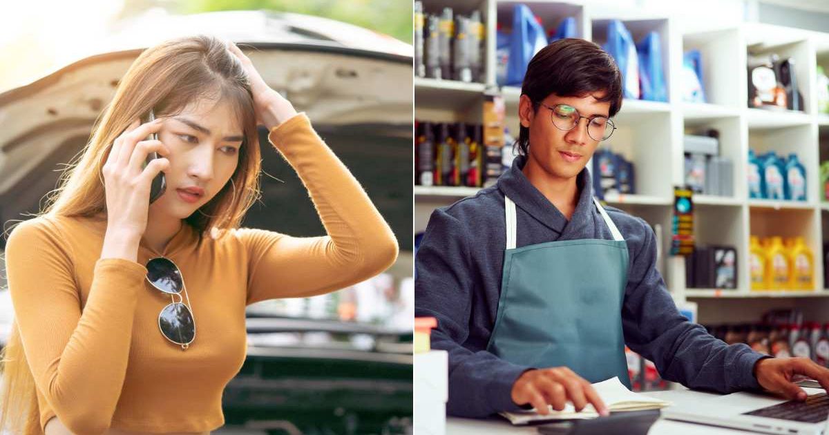 (L) A woman with a broken car calling someone. (R) A man working at an auto parts shop. Representative Cover Image Source: Getty Images | Witthaya Prasongsin; Oscar Guiterez Zozulia