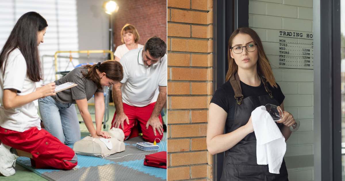 (L) Woman learning how to perform CPR during training. (Representative Cover Image Source: Getty Images| Papakon Mitsanit), (R) Worker at restaurant looking suspiciously outside. (Representative Cover Image Source: Getty Images| Thurtell)