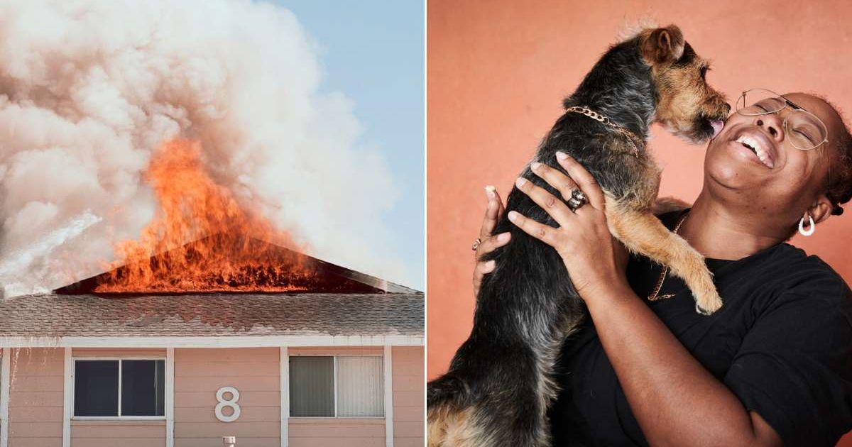 (L) A house on fire. (R) A woman holding a dog. Representative Cover Image Source: Getty Images | Erik Von Weber; Flashpo