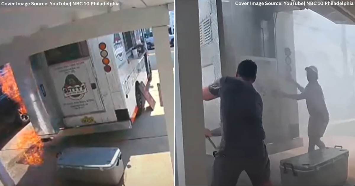 (L) Betty's Seafood Truck erupts in flames in Longport, New Jersey. (Cover Image Source: YouTube| NBC 10 Philadelphia), (R) Bystanders and workers come together to put out flames. (Cover Image Source: YouTube| NBC 10 Philadelphia)