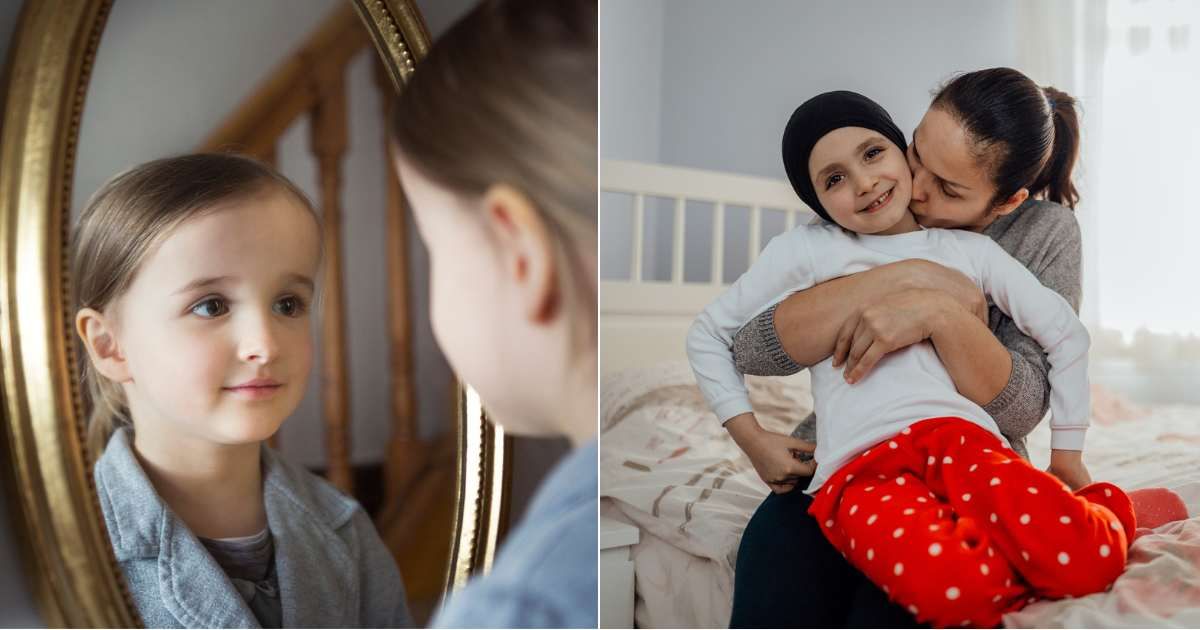(L) Little girl looking at herself in the mirror feeling unsure and insecure. (Representative Cover Image Source: Getty Images| Elva Etienne), (R) Mom cuddling daughter battling cancer. (Representative Cover Image Source: Getty Images| Phynart Studio)
