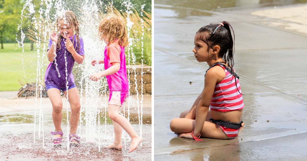 (L) Two little girls playing at a splash pad. (R) A little girl sitting alone at a splash pad. (Representative Cover Image Source: Getty Images | (L) emholk, (R) carminesalvatore)
