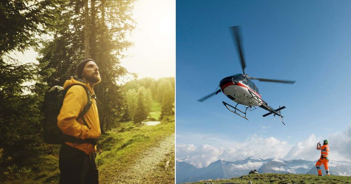 (L) A man lost in the woods. (R) A rescue helicopter flying over mountain terrain. Representative Cover Image Source: Getty Images | piola666; Ascent Xmedia